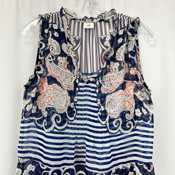 Cabi Womens Peplum Top Multicolor Paisley Stripe Sleeveless V Neck Sheer S - Picture 2 of 11